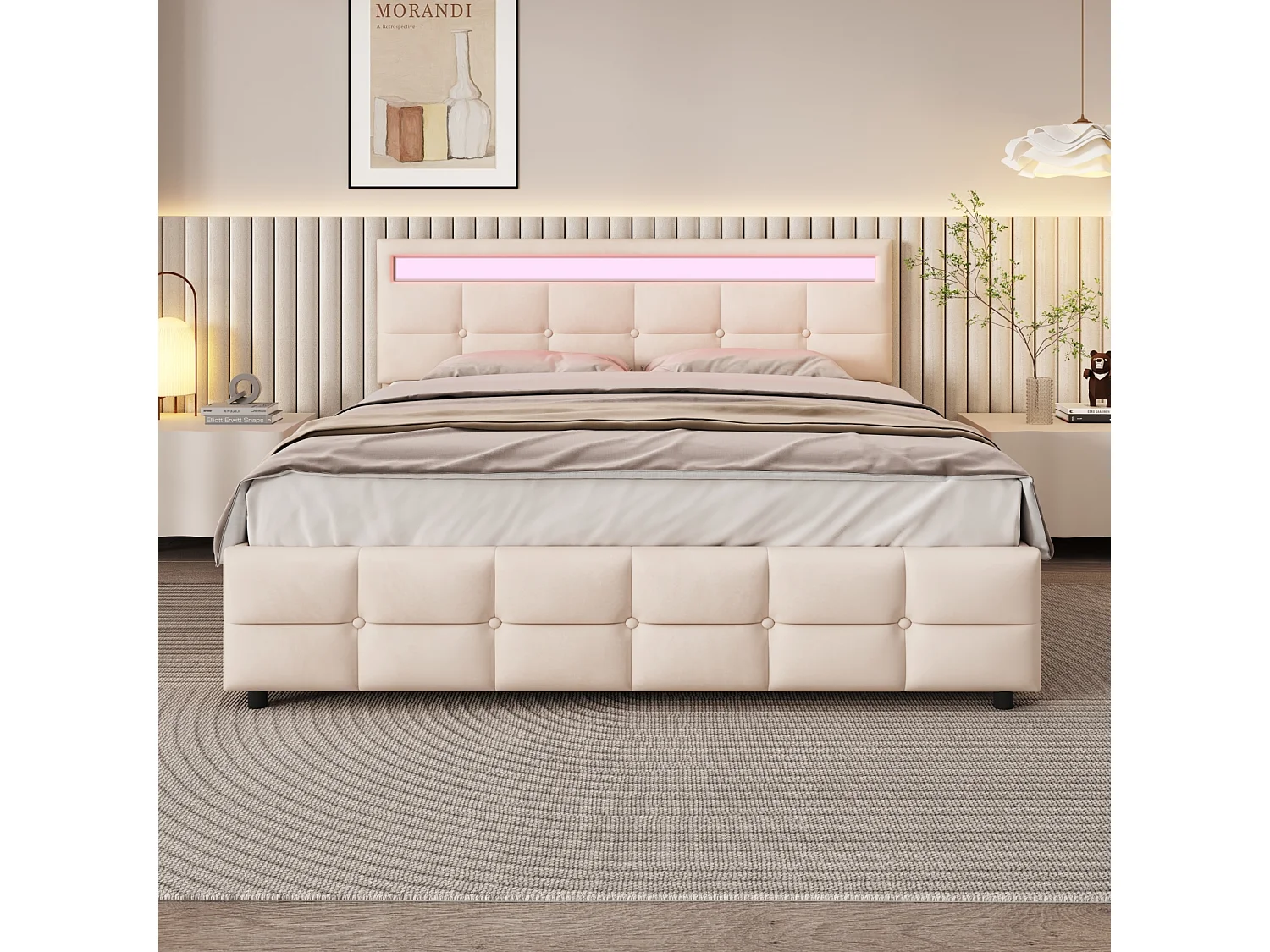 Lit rembourré double 180 x 200 cm - 4 tiroirs et LED - en tissu velours - Beige