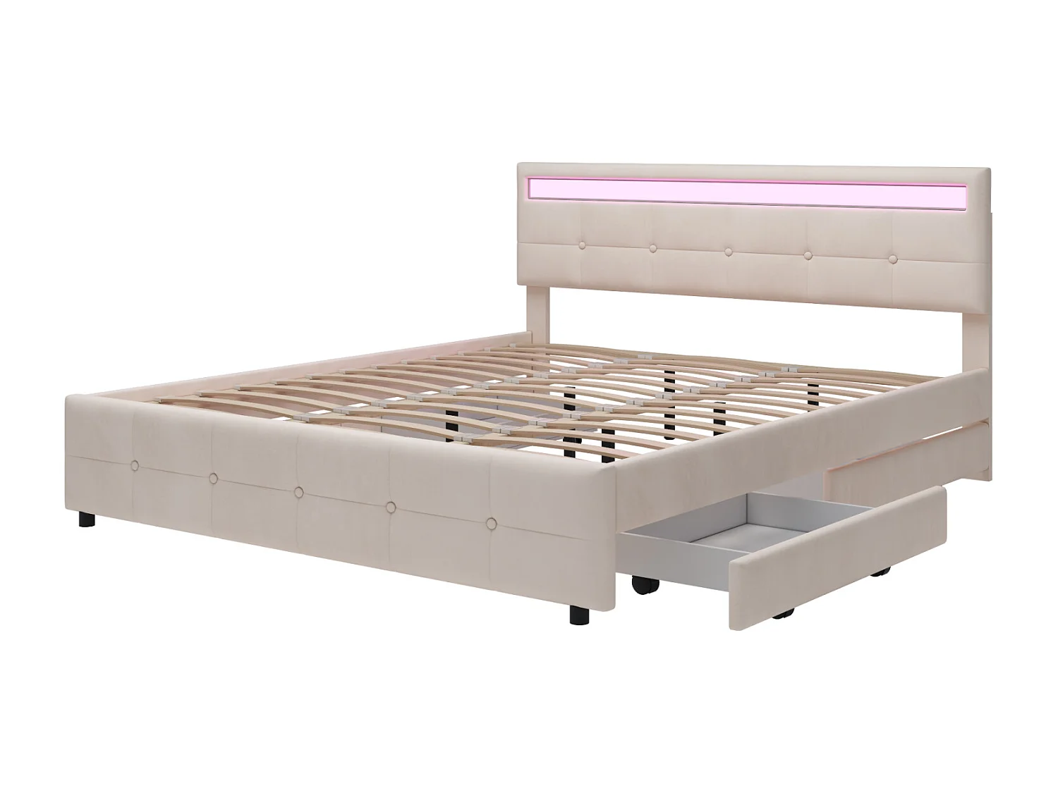 Lit rembourré double 180 x 200 cm - 4 tiroirs et LED - en tissu velours - Beige