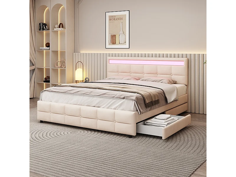 Lit rembourré double 180 x 200 cm - 4 tiroirs et LED - en tissu velours - Beige