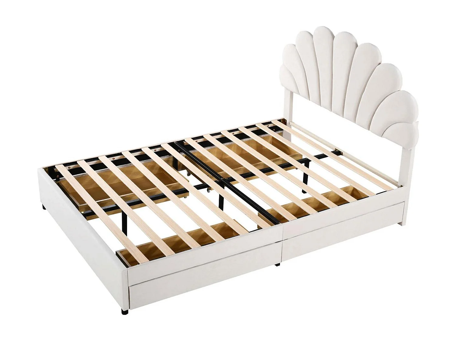 Lit adulte capitonné double 140 x 200 cm avec tête de lit en forme de fleur et sommier à lattes, tissu velours doux pour la peau, beige, sans matelas