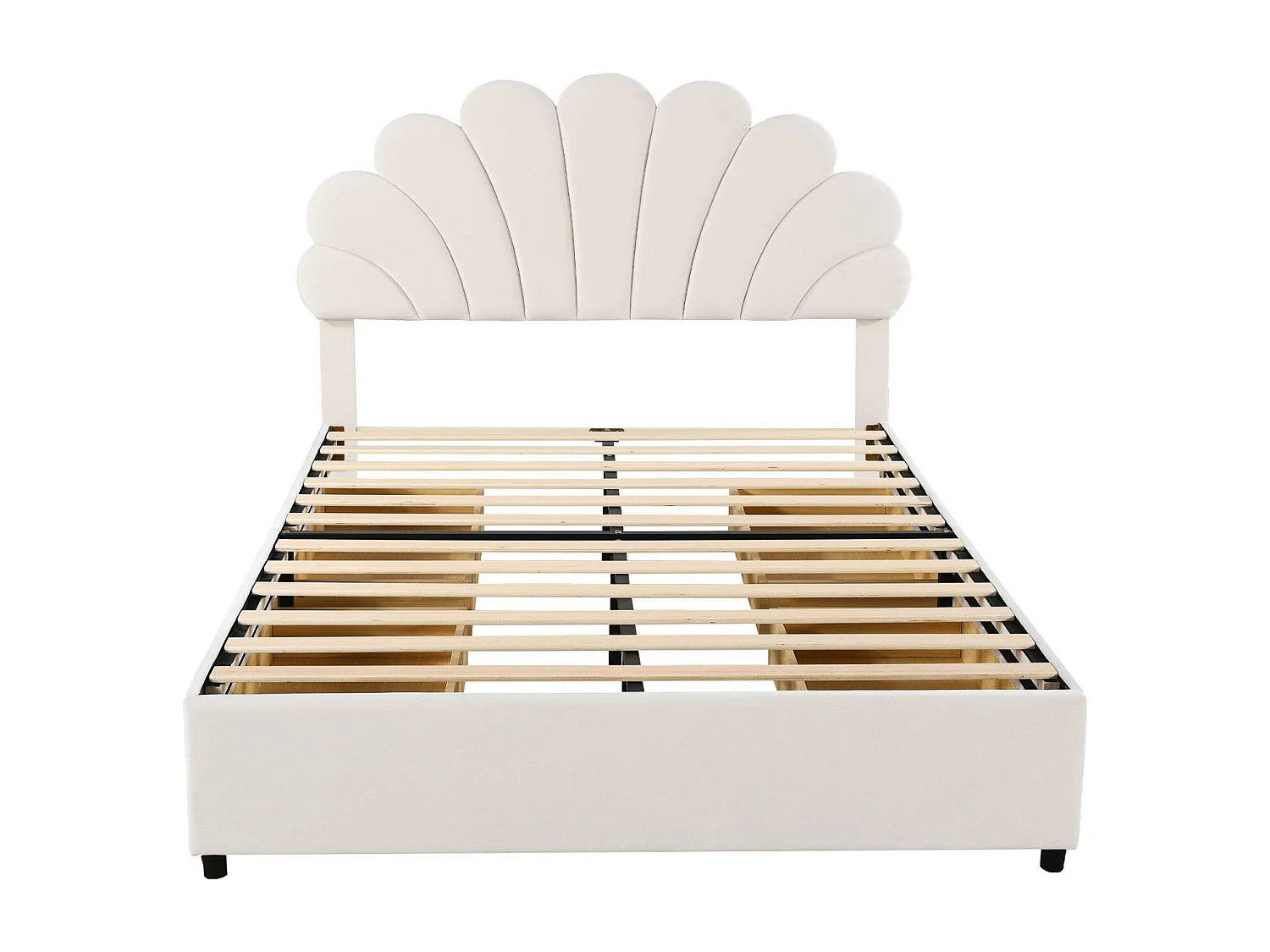 Lit adulte capitonné double 140 x 200 cm avec tête de lit en forme de fleur et sommier à lattes, tissu velours doux pour la peau, beige, sans matelas