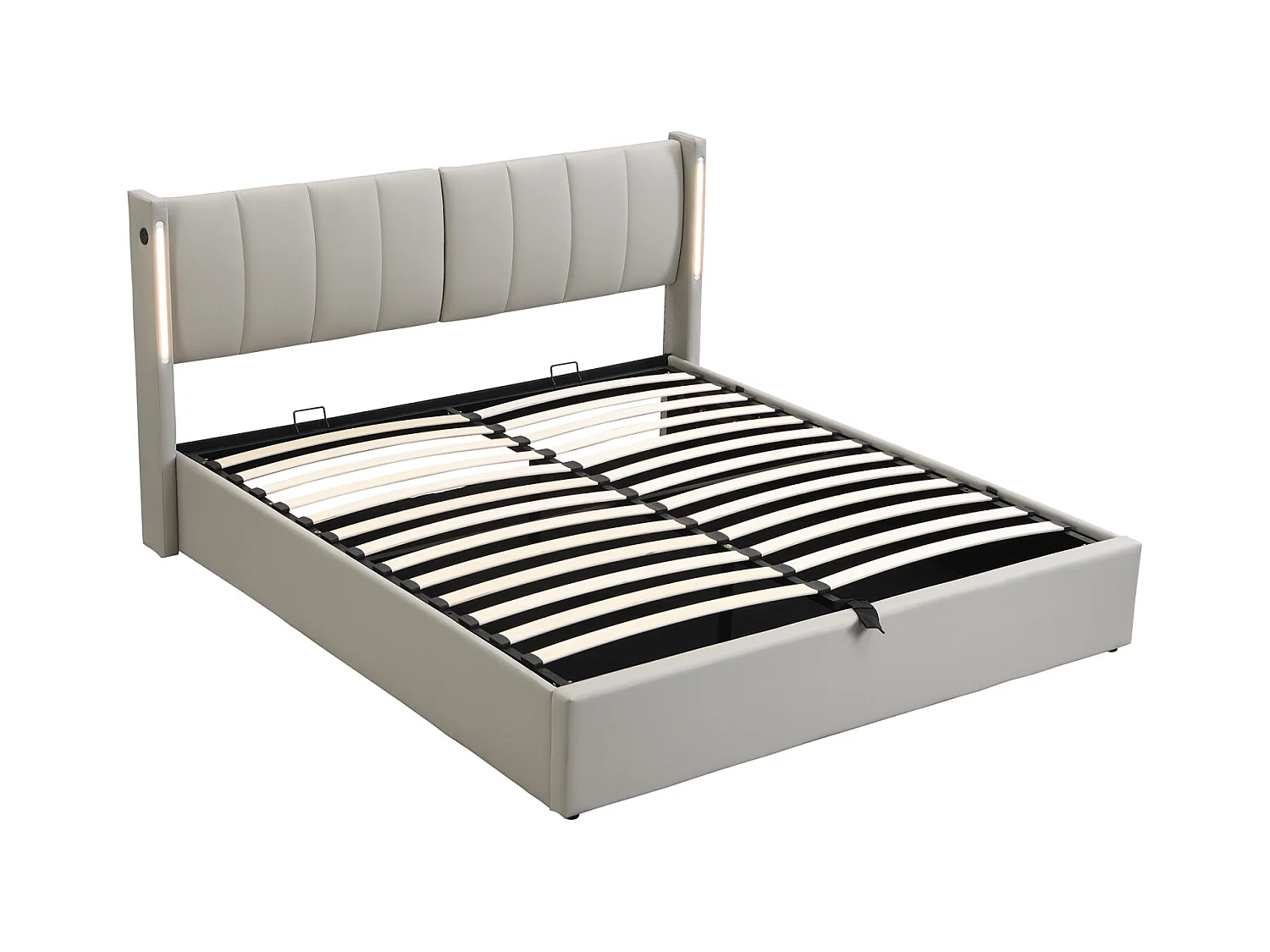 Lit coffre avec binaural, lit rembourré en PU, avec sommier à lattes, et tête de lit réglable LED et Port USB, Gris 140x200cm
