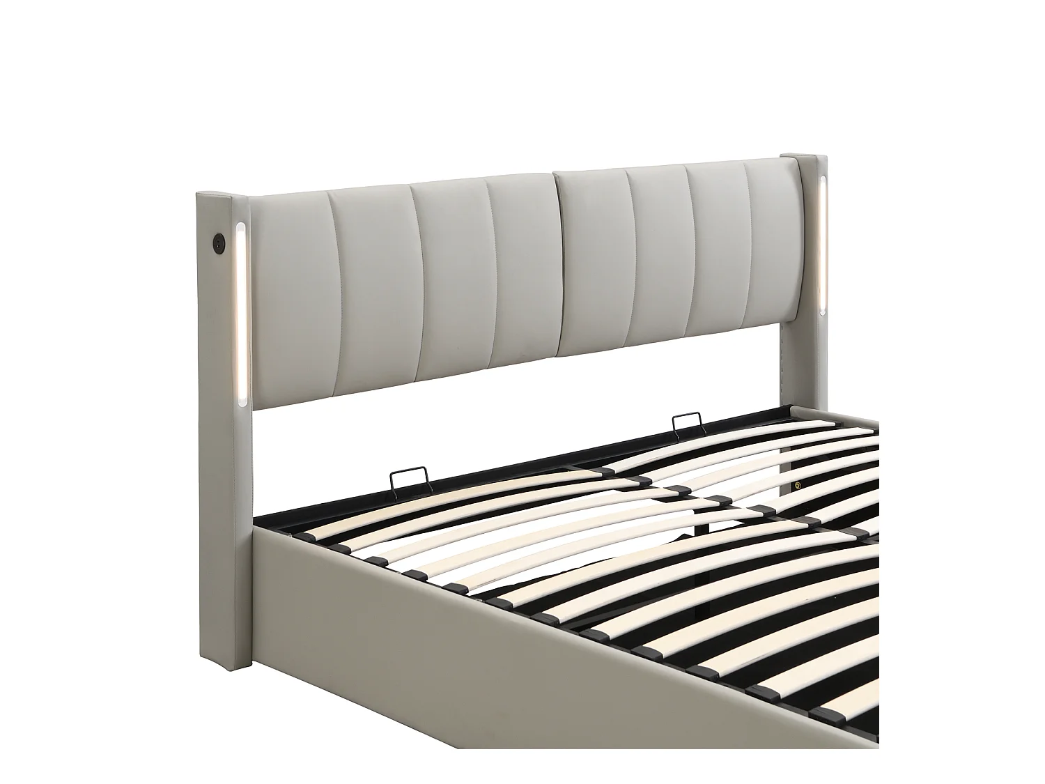 Lit coffre avec binaural, lit rembourré en PU, avec sommier à lattes, et tête de lit réglable LED et Port USB, Gris 140x200cm