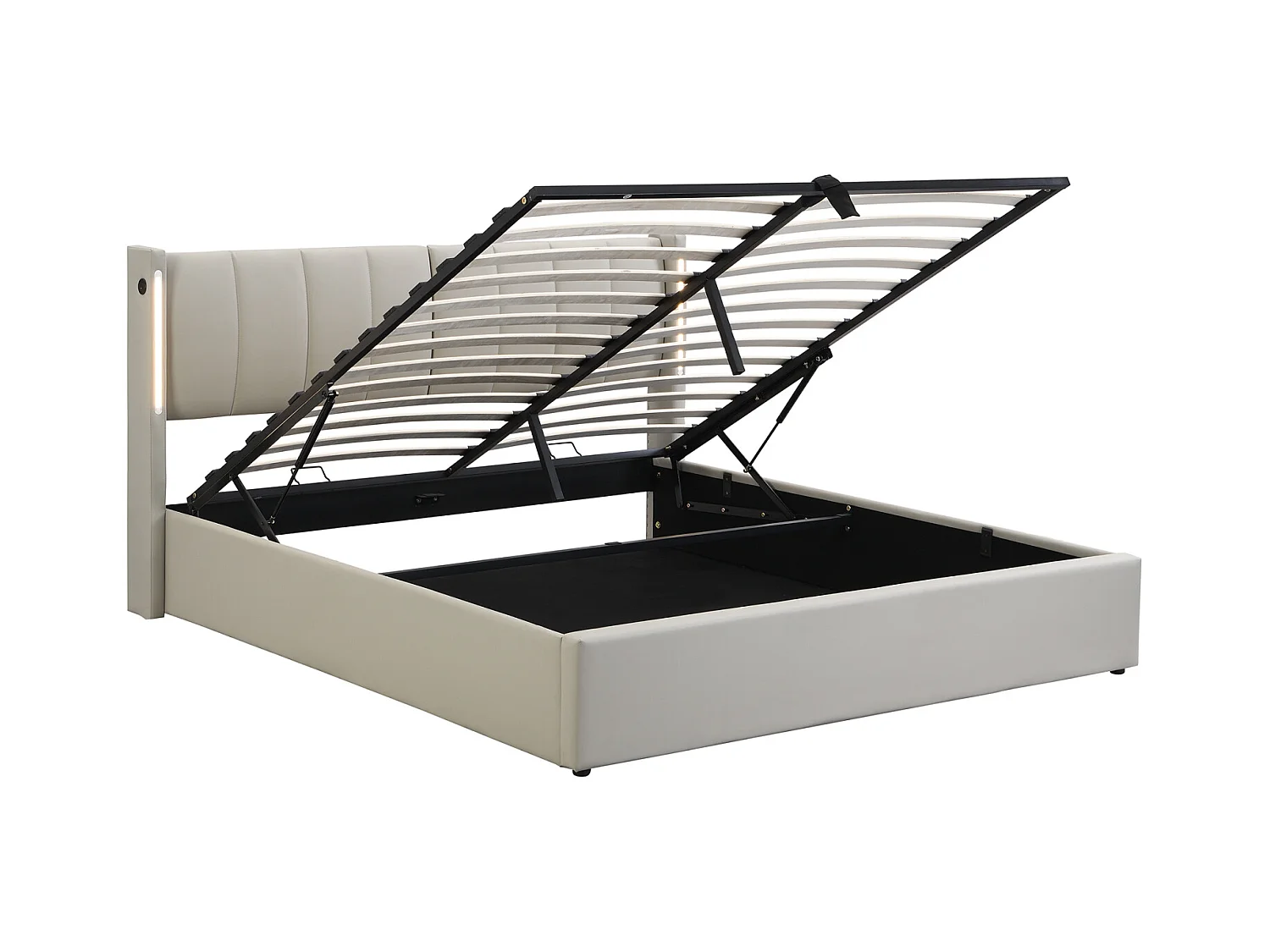 Lit coffre avec binaural, lit rembourré en PU, avec sommier à lattes, et tête de lit réglable LED et Port USB, Gris 140x200cm