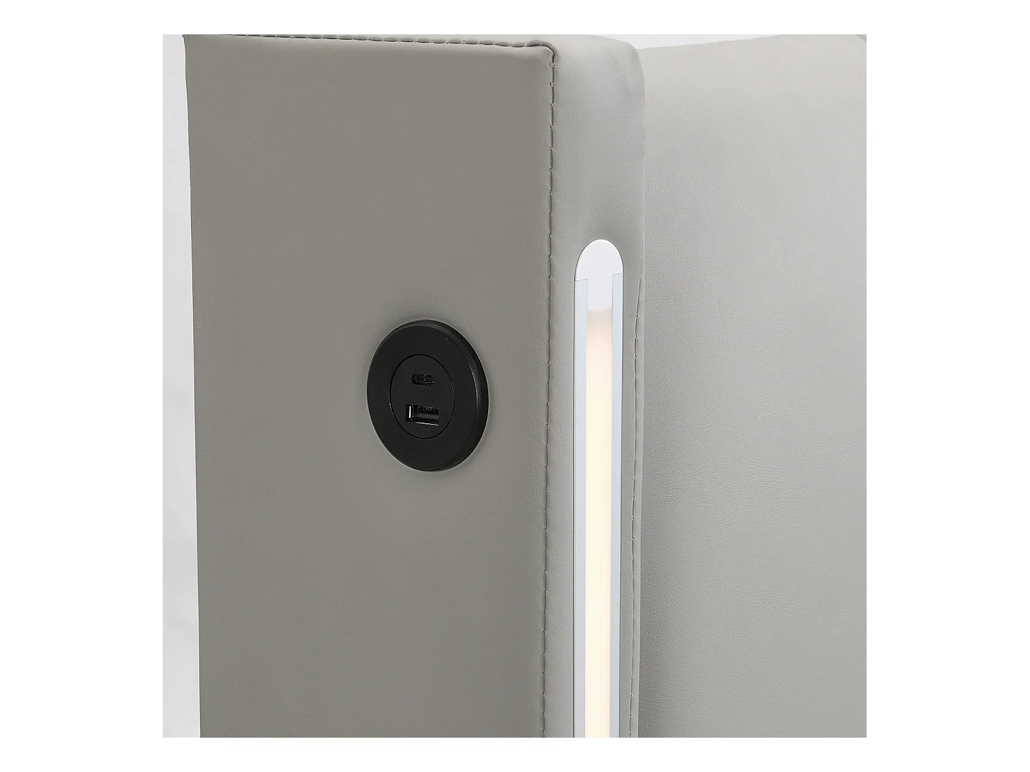 Lit coffre avec binaural, lit rembourré en PU, avec sommier à lattes, et tête de lit réglable LED et Port USB, Gris 140x200cm