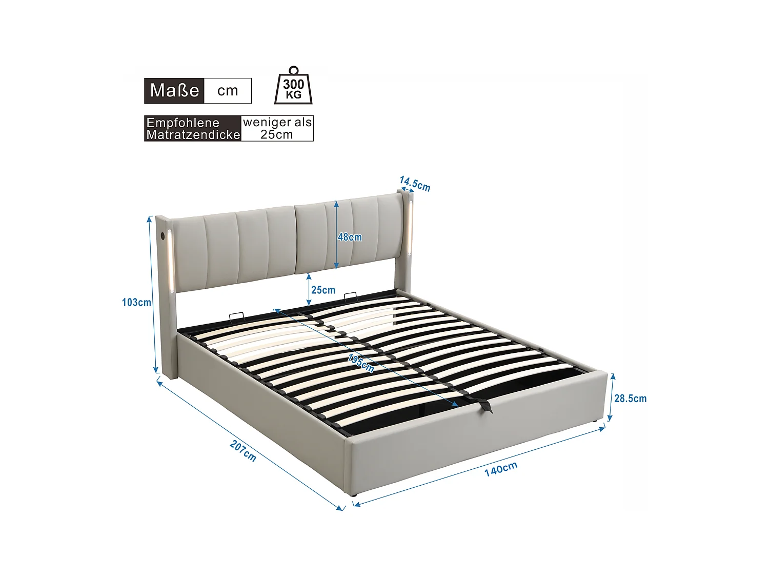 Lit coffre avec binaural, lit rembourré en PU, avec sommier à lattes, et tête de lit réglable LED et Port USB, Gris 140x200cm