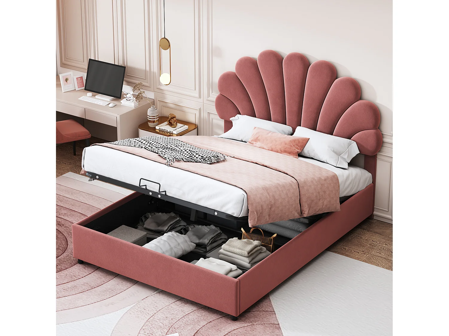 Opbergbed 140x200cm, met lattenbodem en bloemenhoofdbord, in hoogte verstelbaar, fluwelen stof, bonenrood