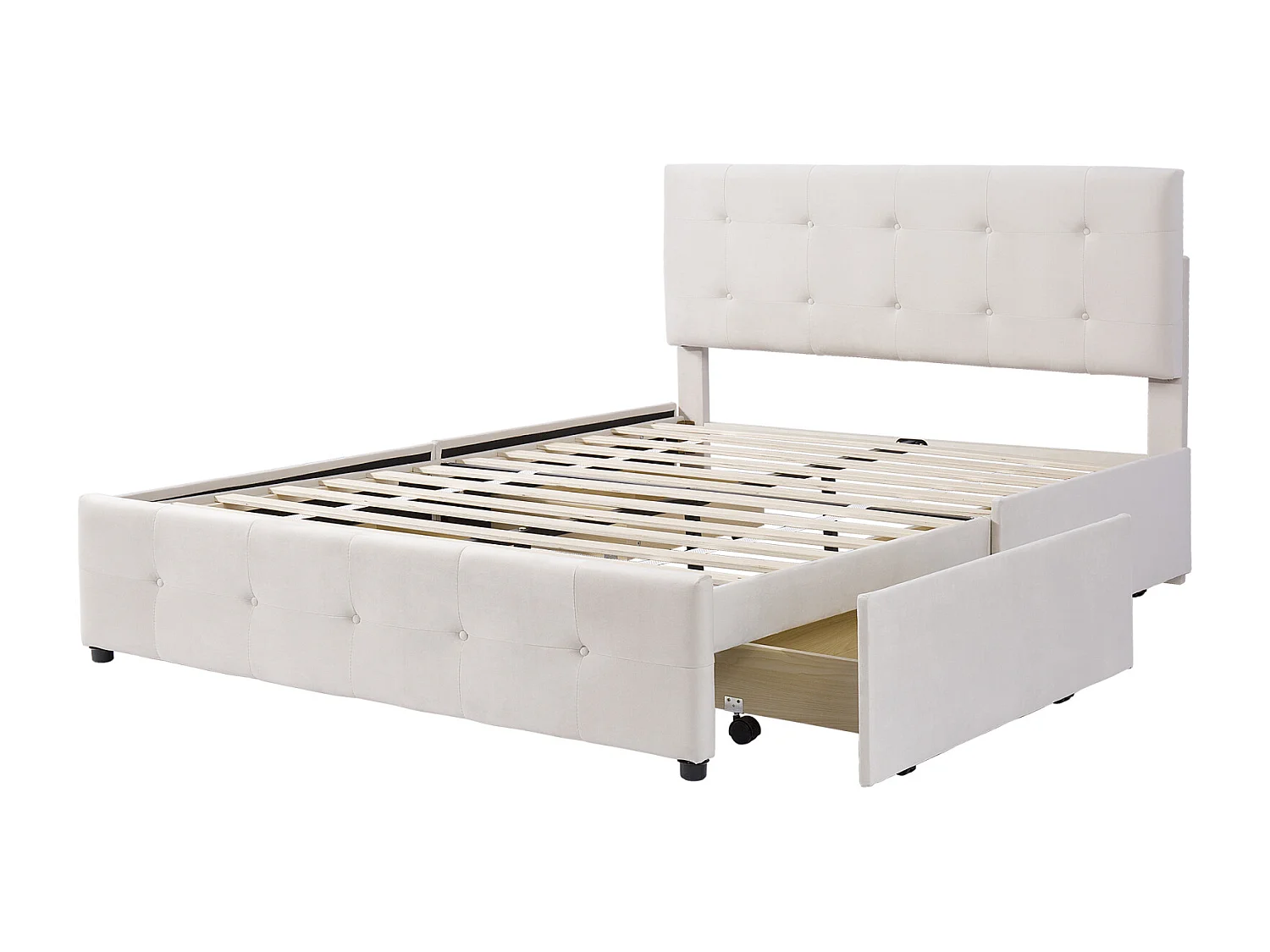 Lit avec tiroirs double capitonné 140 x 200 cm - avec 4 tiroirs, sommier à lattes, tête de lit, velours, style scandinave - lit adulte Beige