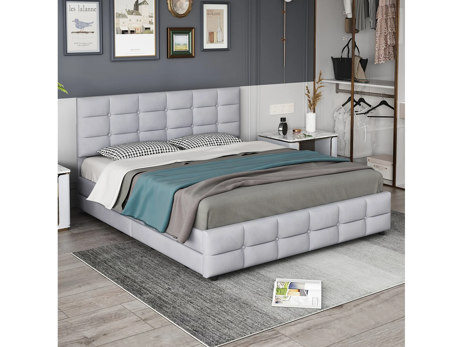 Tweepersoonsbed 180x200cm, volwassen bed met 4 lades, lattenbodem en rugleuning en hoofdbord, in fluweel - voor volwassenen en tieners - grijs