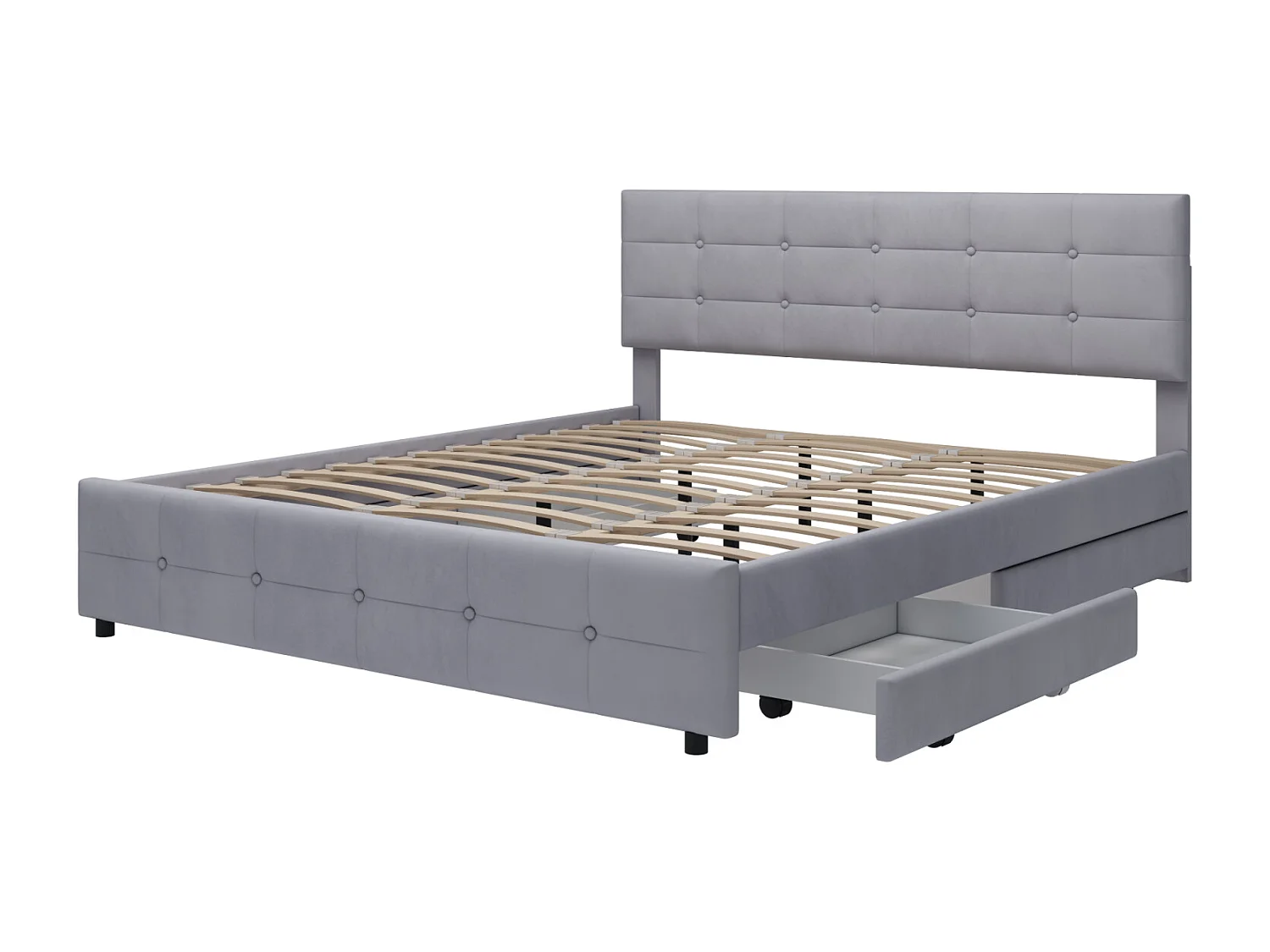 Tweepersoonsbed 180x200cm, volwassen bed met 4 lades, lattenbodem en rugleuning en hoofdbord, in fluweel - voor volwassenen en tieners - grijs
