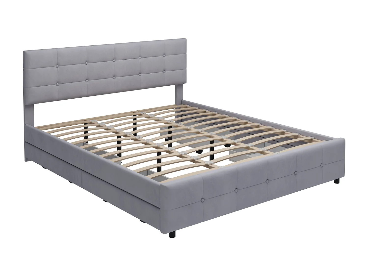 Tweepersoonsbed 180x200cm, volwassen bed met 4 lades, lattenbodem en rugleuning en hoofdbord, in fluweel - voor volwassenen en tieners - grijs