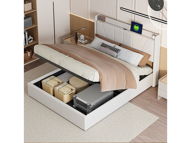Lit coffre 140x200cm en tissu lin avec port USB - tête de lit et sommier à lattes - Beige
