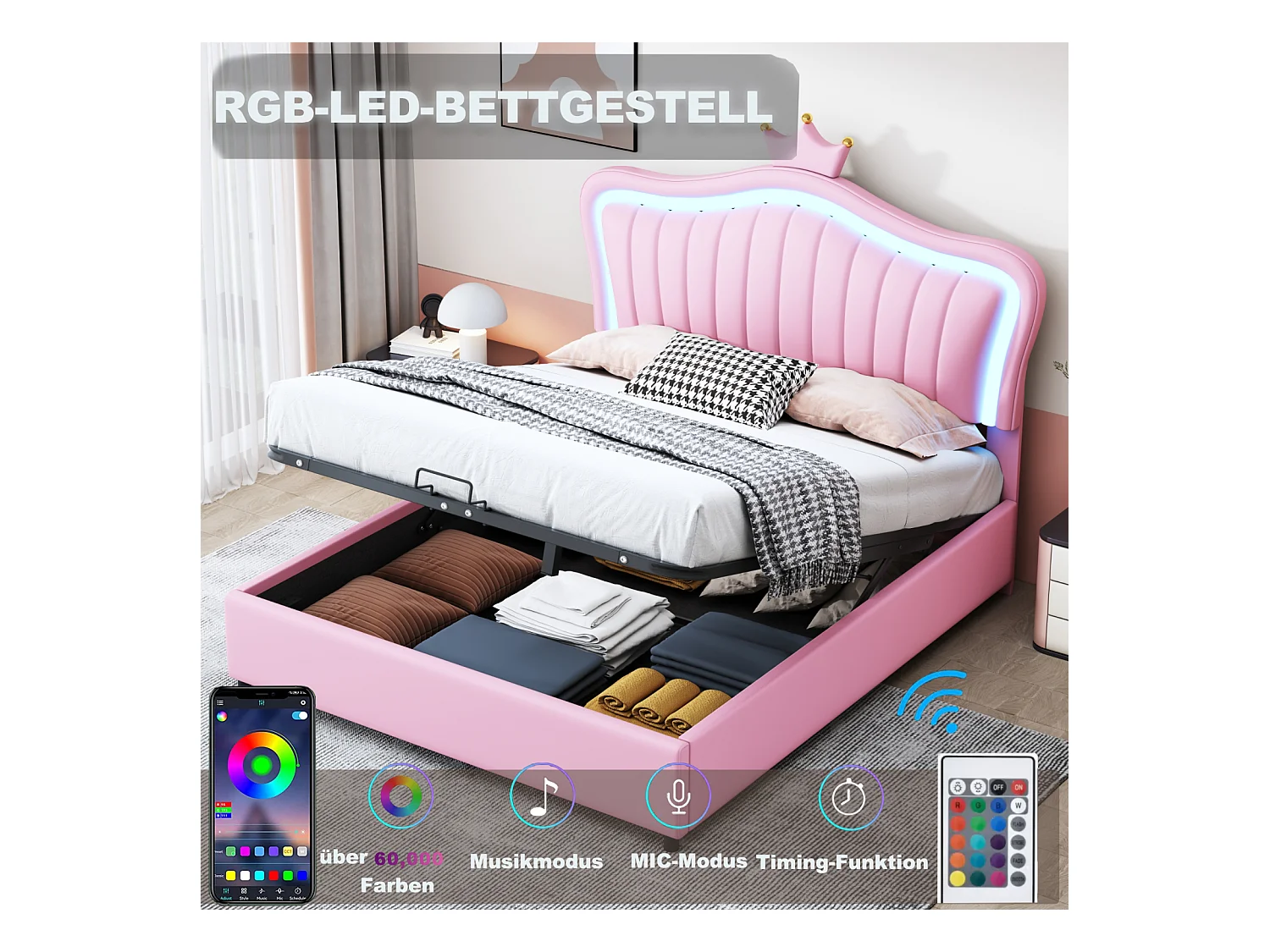 Lit coffre 140x200cm, lit enfant LED avec sommier à lattes et tête de lit avec couronne, en cuir PU, rose