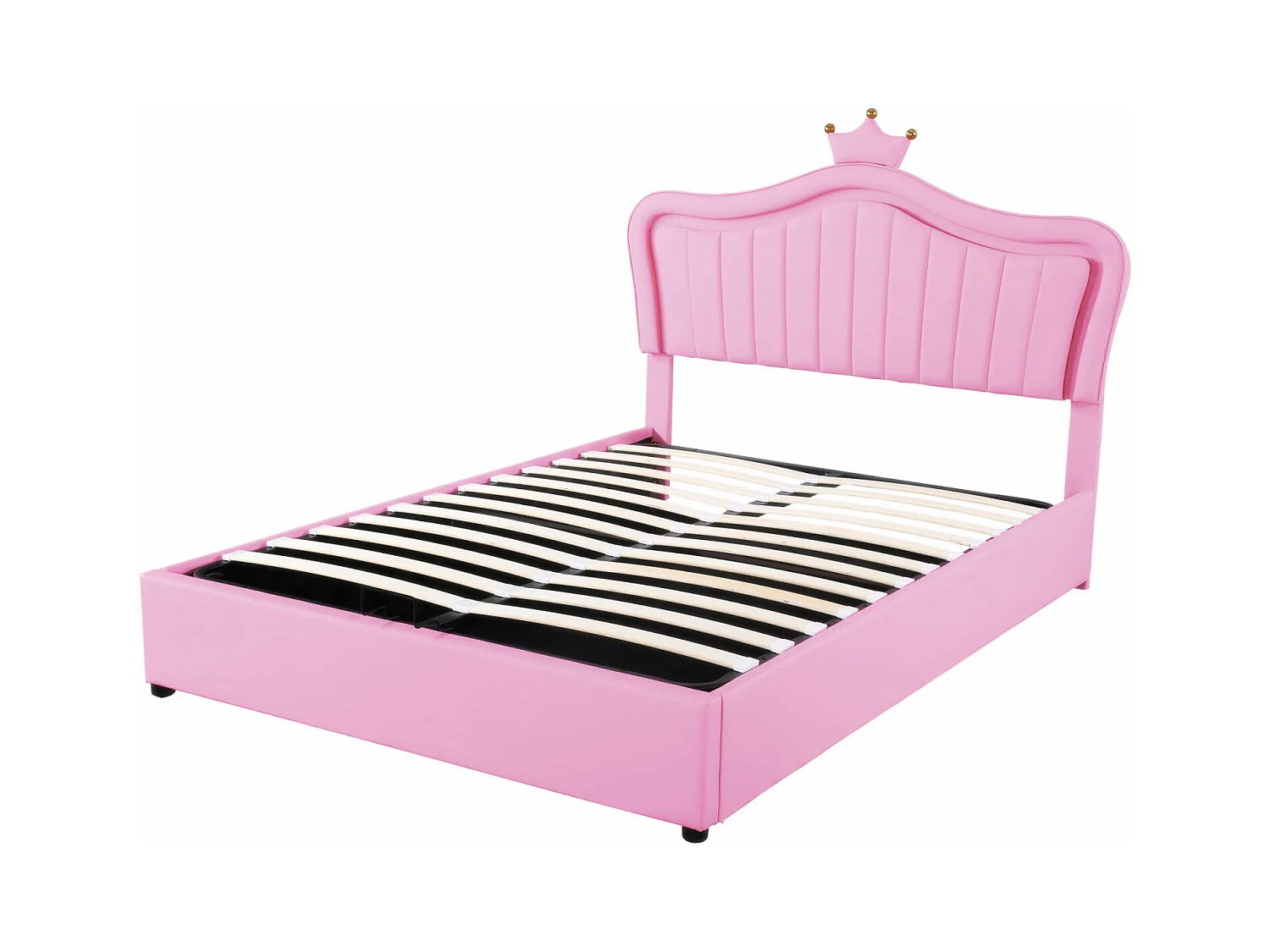 Lit coffre 140x200cm, lit enfant LED avec sommier à lattes et tête de lit avec couronne, en cuir PU, rose