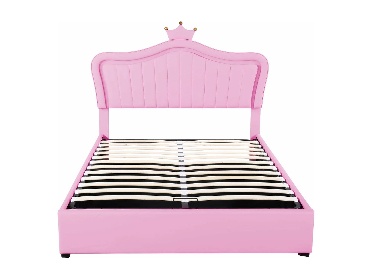 Lit coffre 140x200cm, lit enfant LED avec sommier à lattes et tête de lit avec couronne, en cuir PU, rose