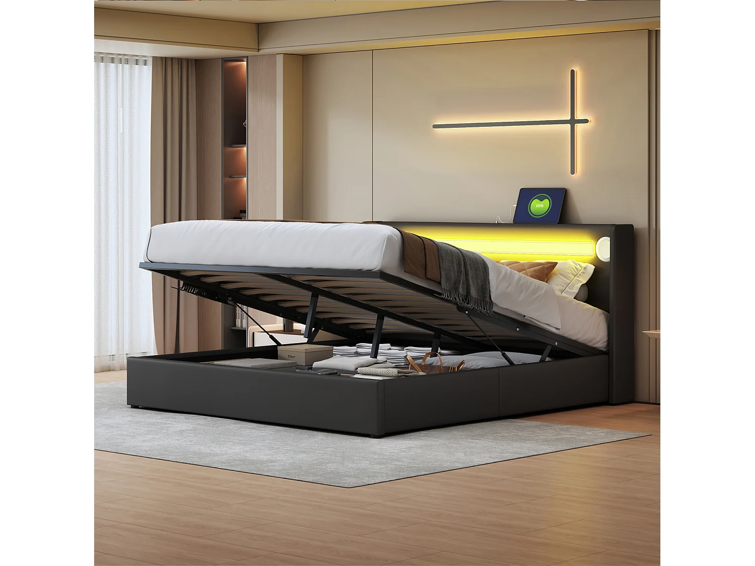 Lit coffre 160x200cm - Lit double avec sommier à lattes, tête de lit LED avec Bluetooth et port USB - en cuir PU Noir