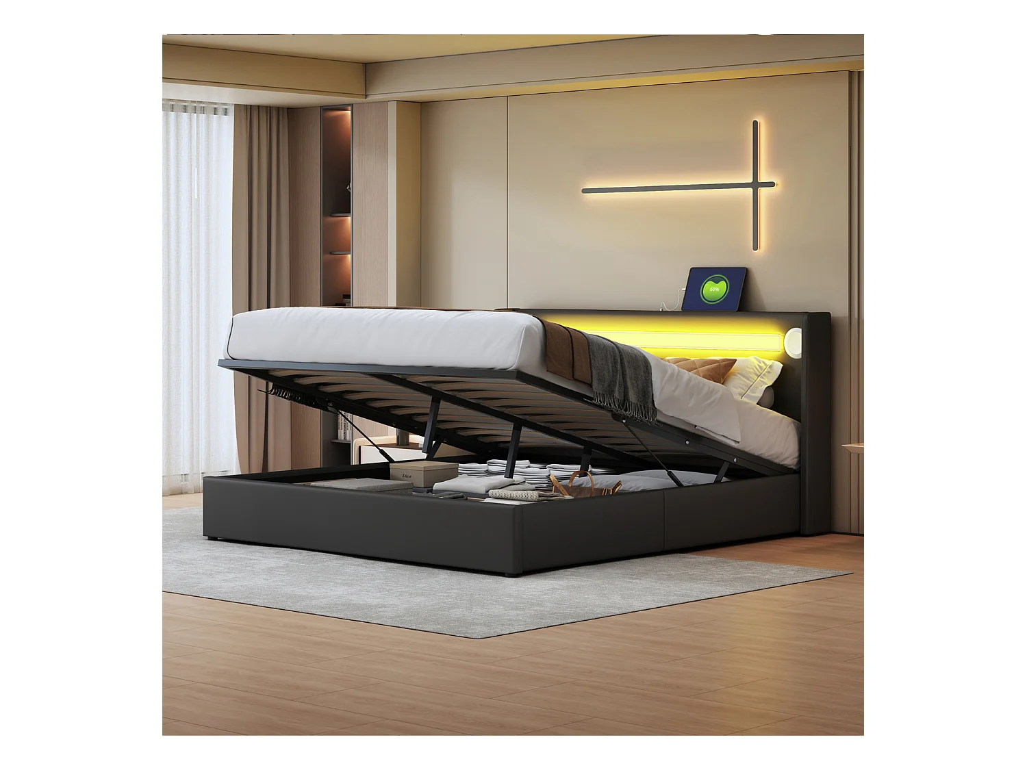 Cama con canapé 160x200cm - Cama doble con somier de láminas, cabecero LED con Bluetooth y puerto USB - en piel sintética negra