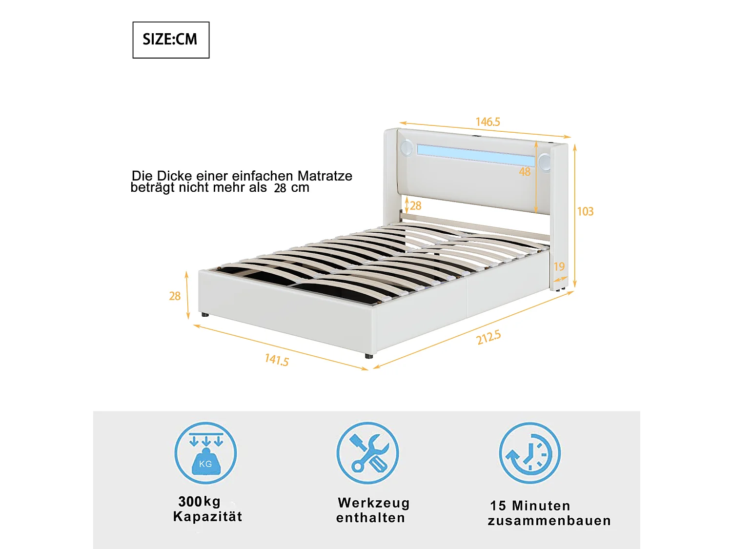 Opbergbed 140x200cm - Tweepersoonsbed met lattenbodem, LED-hoofdbord met Bluetooth en USB-aansluiting - in wit PU-leer