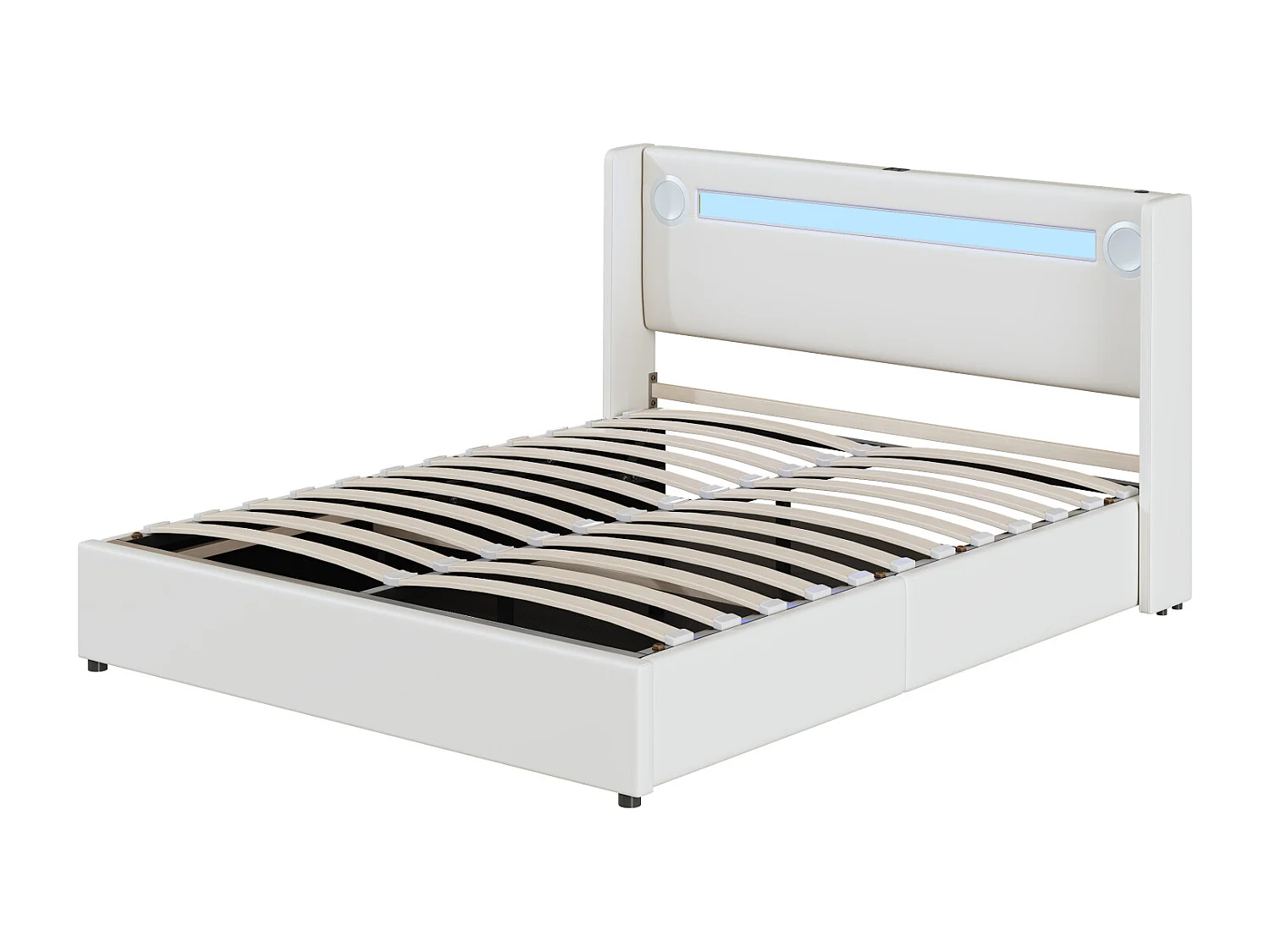 Opbergbed 140x200cm - Tweepersoonsbed met lattenbodem, LED-hoofdbord met Bluetooth en USB-aansluiting - in wit PU-leer