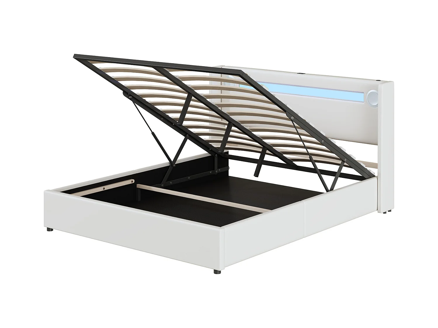 Cama con canapé 140x200cm - Cama doble con somier de láminas, cabecero LED con Bluetooth y puerto USB - en piel sintética blanca