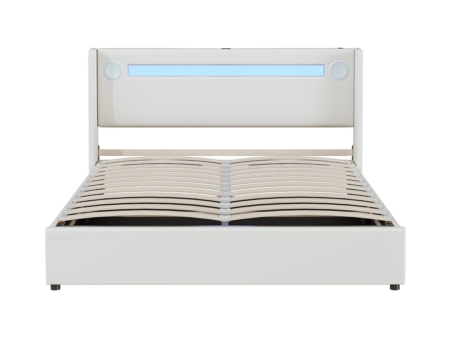 Cama con canapé 140x200cm - Cama doble con somier de láminas, cabecero LED con Bluetooth y puerto USB - en piel sintética blanca