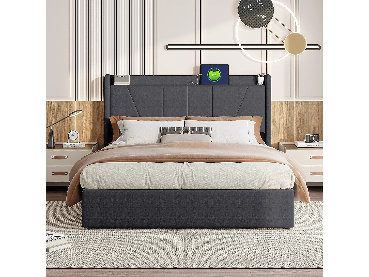 Cama con almacenaje de tela de lino de 140 x 200 cm con puerto USB - cabecero y somier - Gris