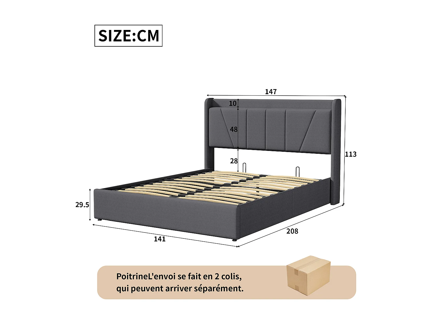 Lit coffre 140x200cm en tissu lin avec port USB - tête de lit et sommier à lattes - Gris