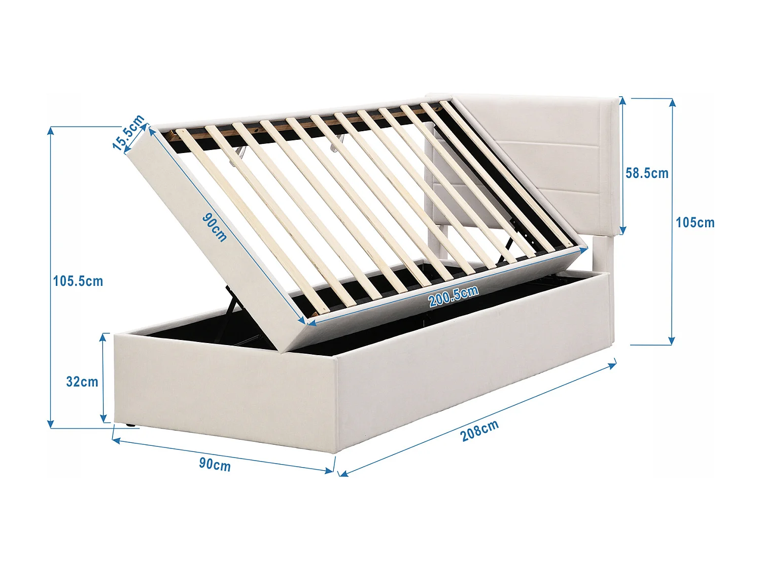 Lit coffre simple 90x200cm - Lit simple capitonné avec sommier à lattes structure en métal Grand Espace - Beige