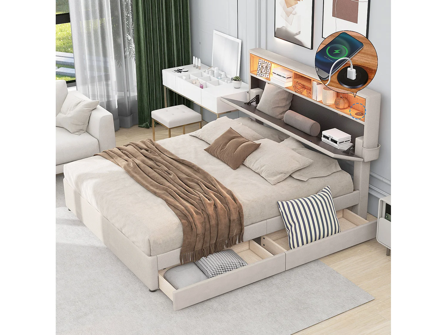 Letto matrimoniale 140x200cm - con 2 cassetti + rete a doghe + testiera LED regolabile con ricarica USB e contenitore - Beige