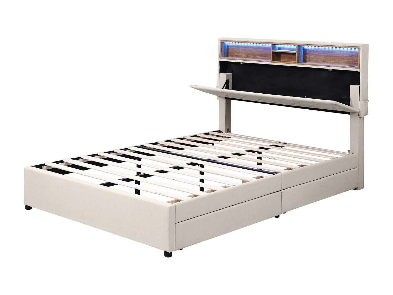 Letto matrimoniale 140x200cm - con 2 cassetti + rete a doghe + testiera LED regolabile con ricarica USB e contenitore - Beige