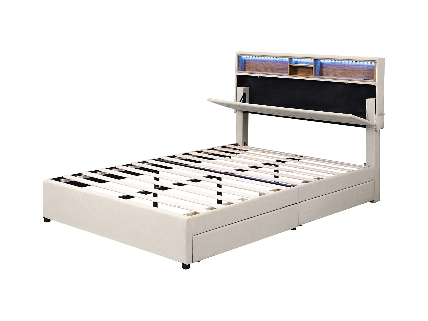 Lit double 140x200cm - avec 2 tiroirs + sommier à lattes + tête de lit LED réglable avec recharge USB et rangement - Beige