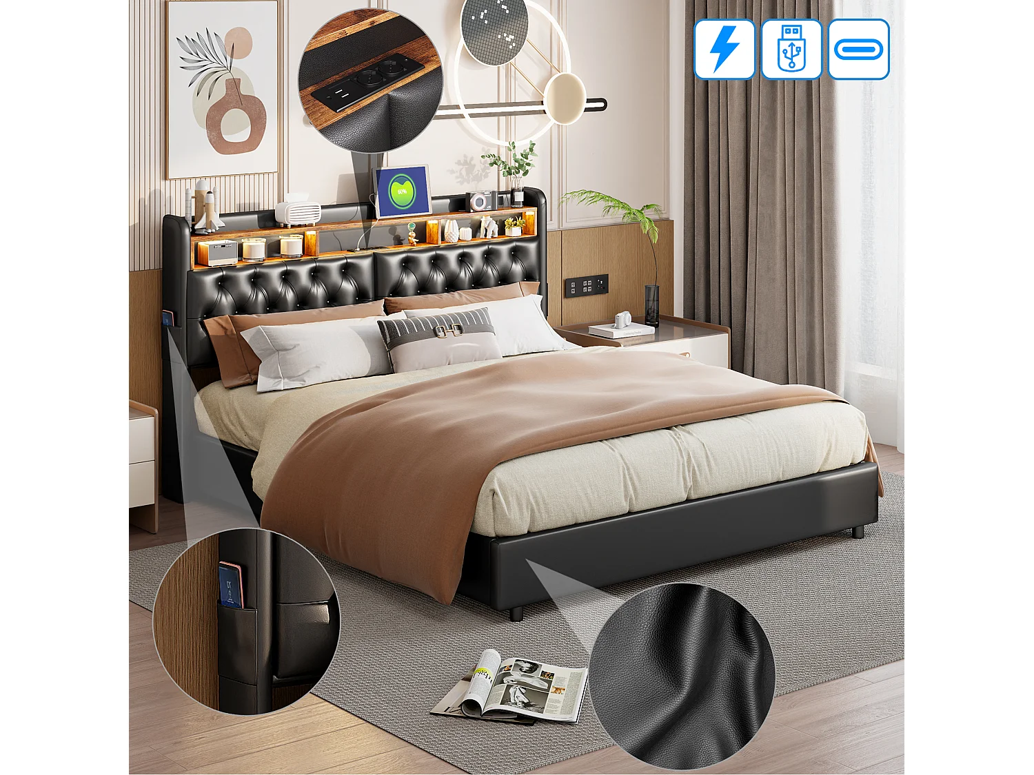 Lit coffre 160x200cm - lit double avec sommier à lattes et tête de lit LED avec étagères et port charge - cuir noir