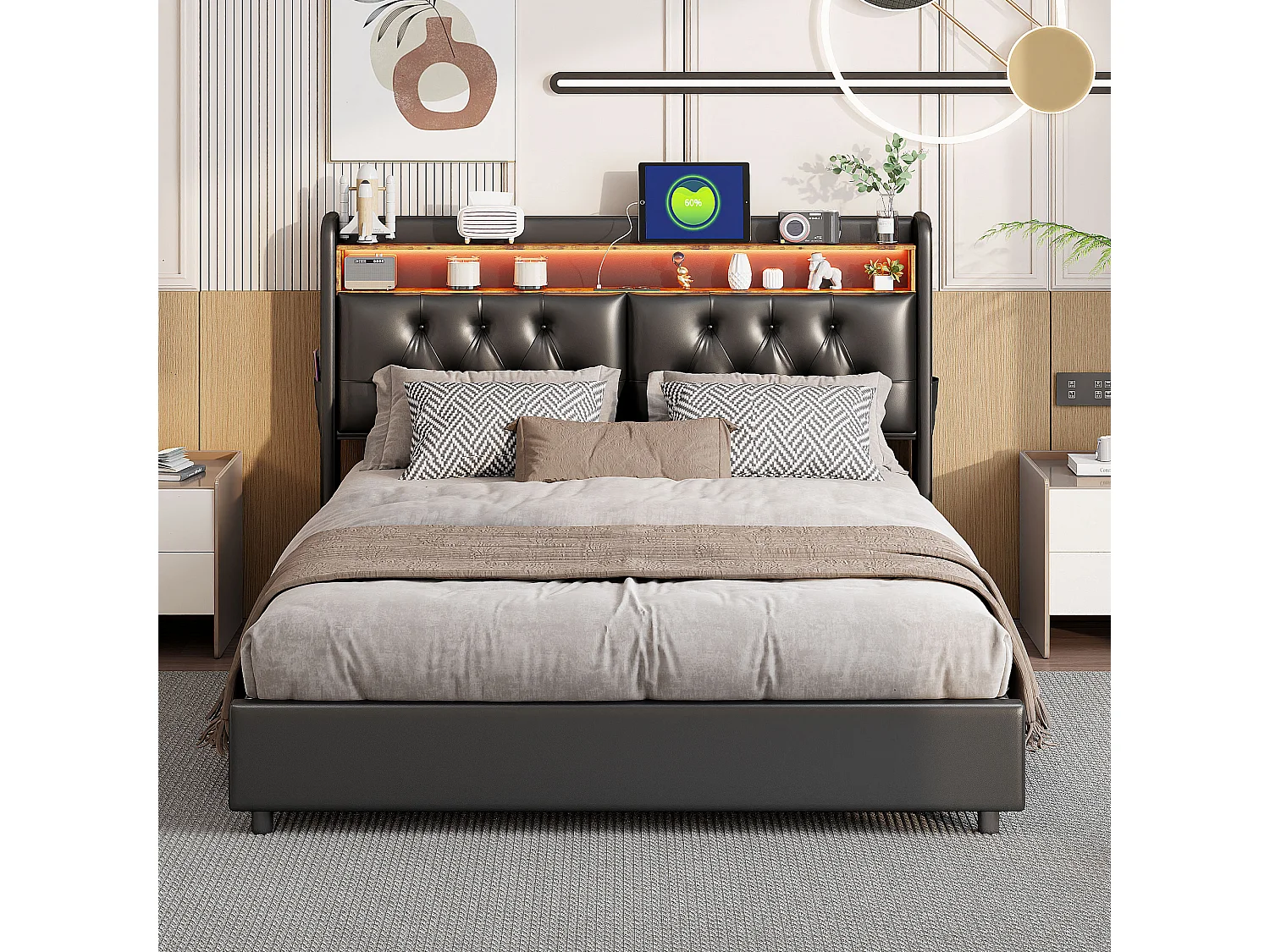 Lit coffre 160x200cm - lit double avec sommier à lattes et tête de lit LED avec étagères et port charge - cuir noir