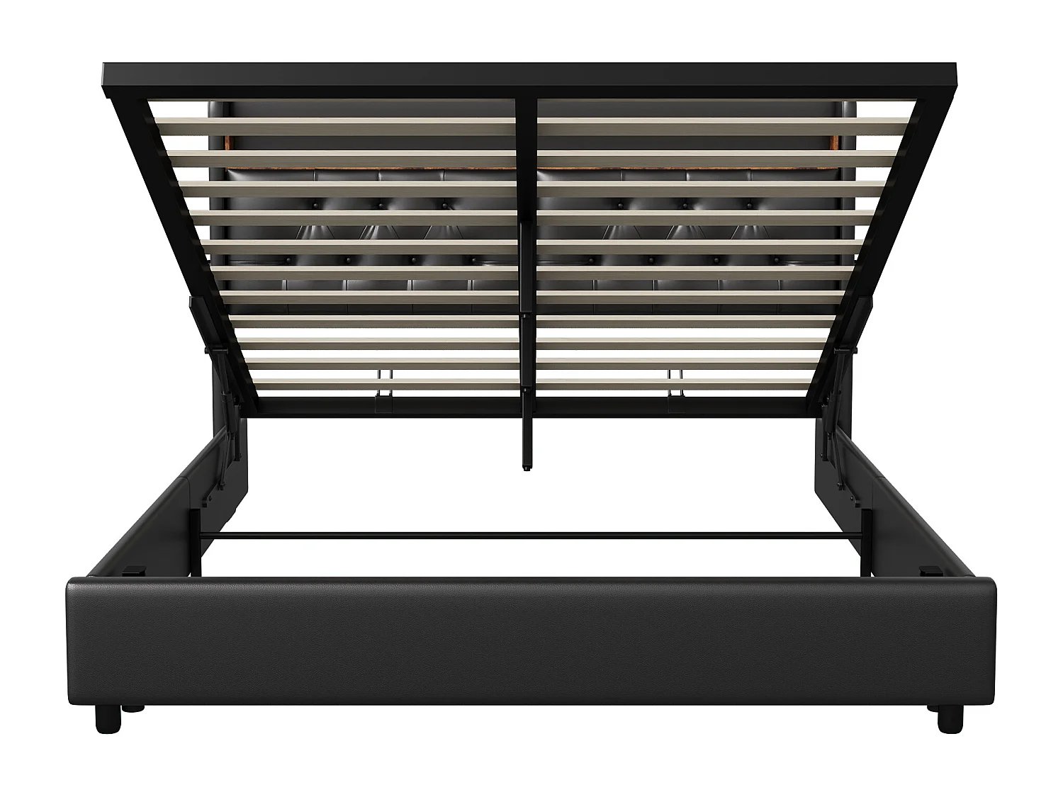 Lit coffre 160x200cm - lit double avec sommier à lattes et tête de lit LED avec étagères et port charge - cuir noir