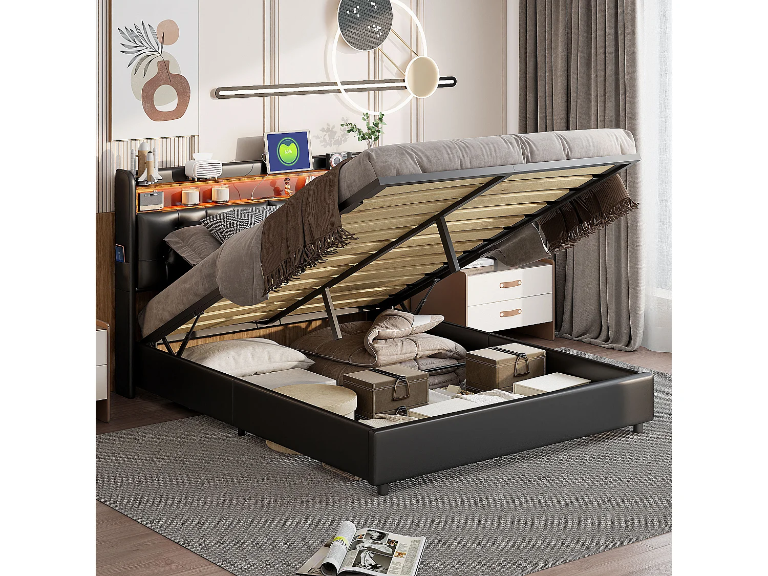 Opbergbed 160x200cm - tweepersoonsbed met lattenbodem en LED-hoofdbord met planken en oplaadpoort - zwart leer