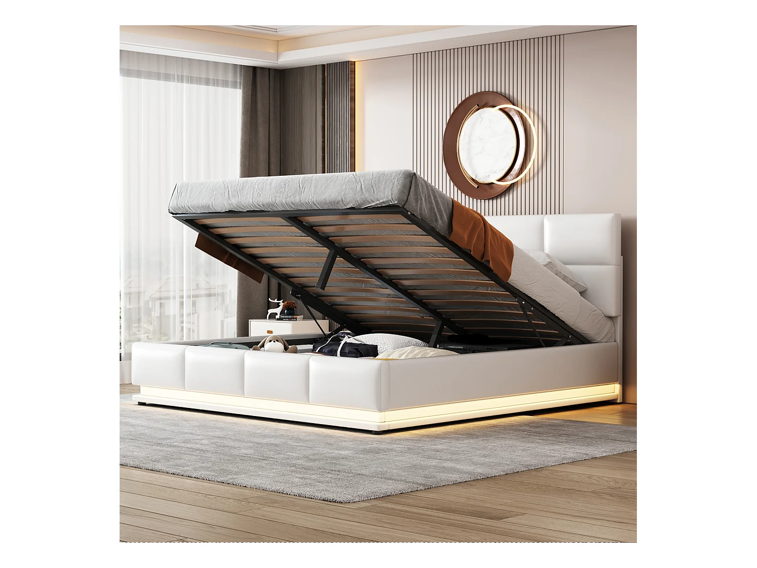 160x200 cm opbergbed - Hydraulisch verstelbaar gecapitonneerd LED tweepersoonsbed met lattenbodem, hoofdbord, PU-kunstleer - Beige