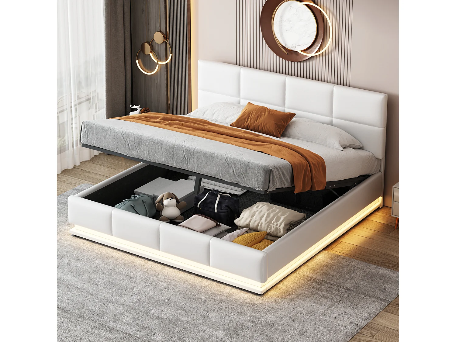 Lit coffre 160x200 cm - Lit doub LED capitonné relevable hydraulique avec sommier à lattes, tête de lit, simili cuir PU - Beige