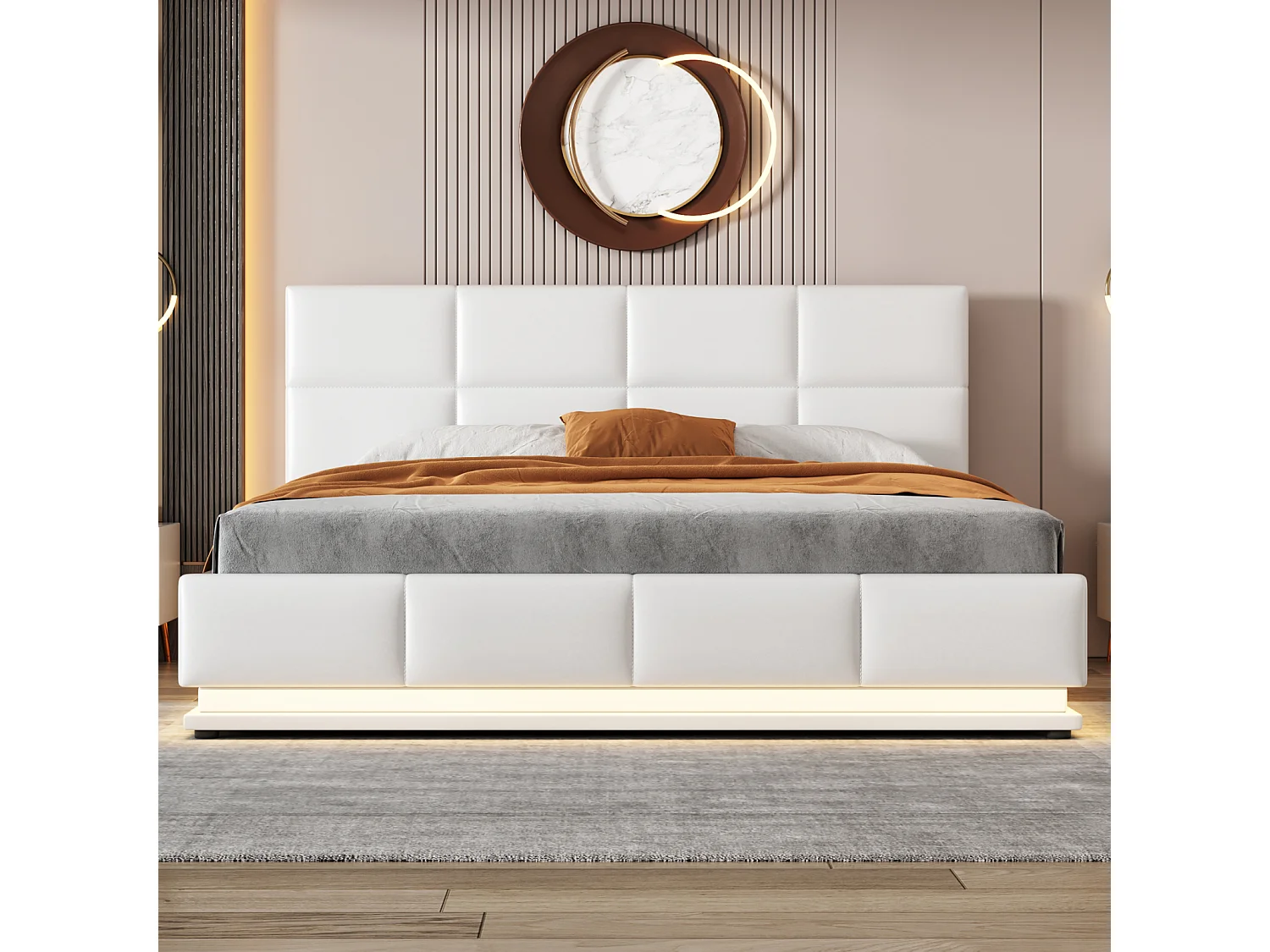 Lit coffre 160x200 cm - Lit doub LED capitonné relevable hydraulique avec sommier à lattes, tête de lit, simili cuir PU - Beige