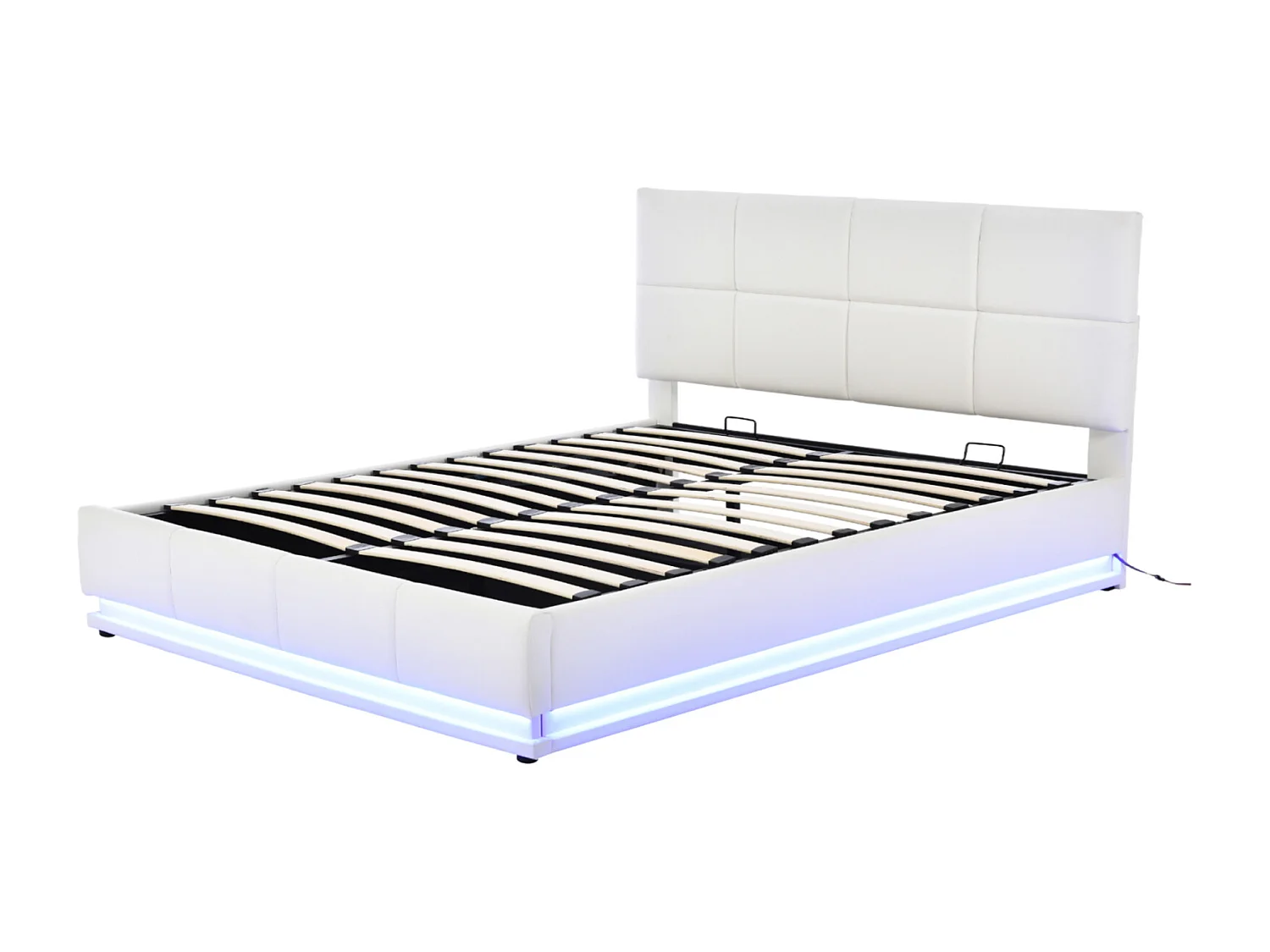 Lit coffre 160x200 cm - Lit doub LED capitonné relevable hydraulique avec sommier à lattes, tête de lit, simili cuir PU - Beige