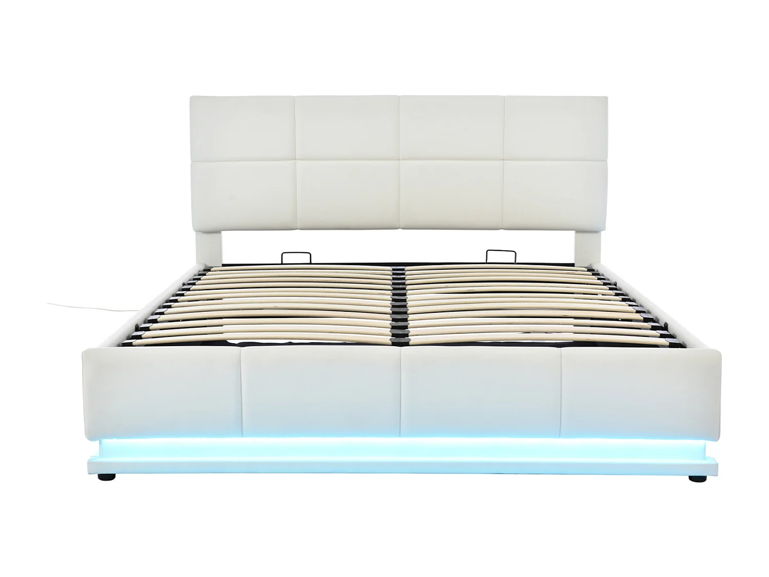 Lit coffre 160x200 cm - Lit doub LED capitonné relevable hydraulique avec sommier à lattes, tête de lit, simili cuir PU - Beige