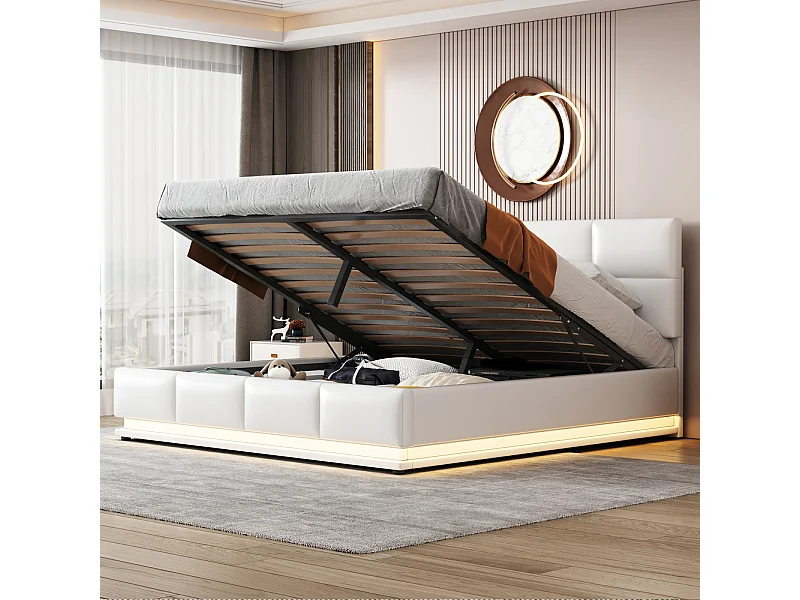Lit coffre 160x200 cm - Lit doub LED capitonné relevable hydraulique avec sommier à lattes, tête de lit, simili cuir PU - Beige