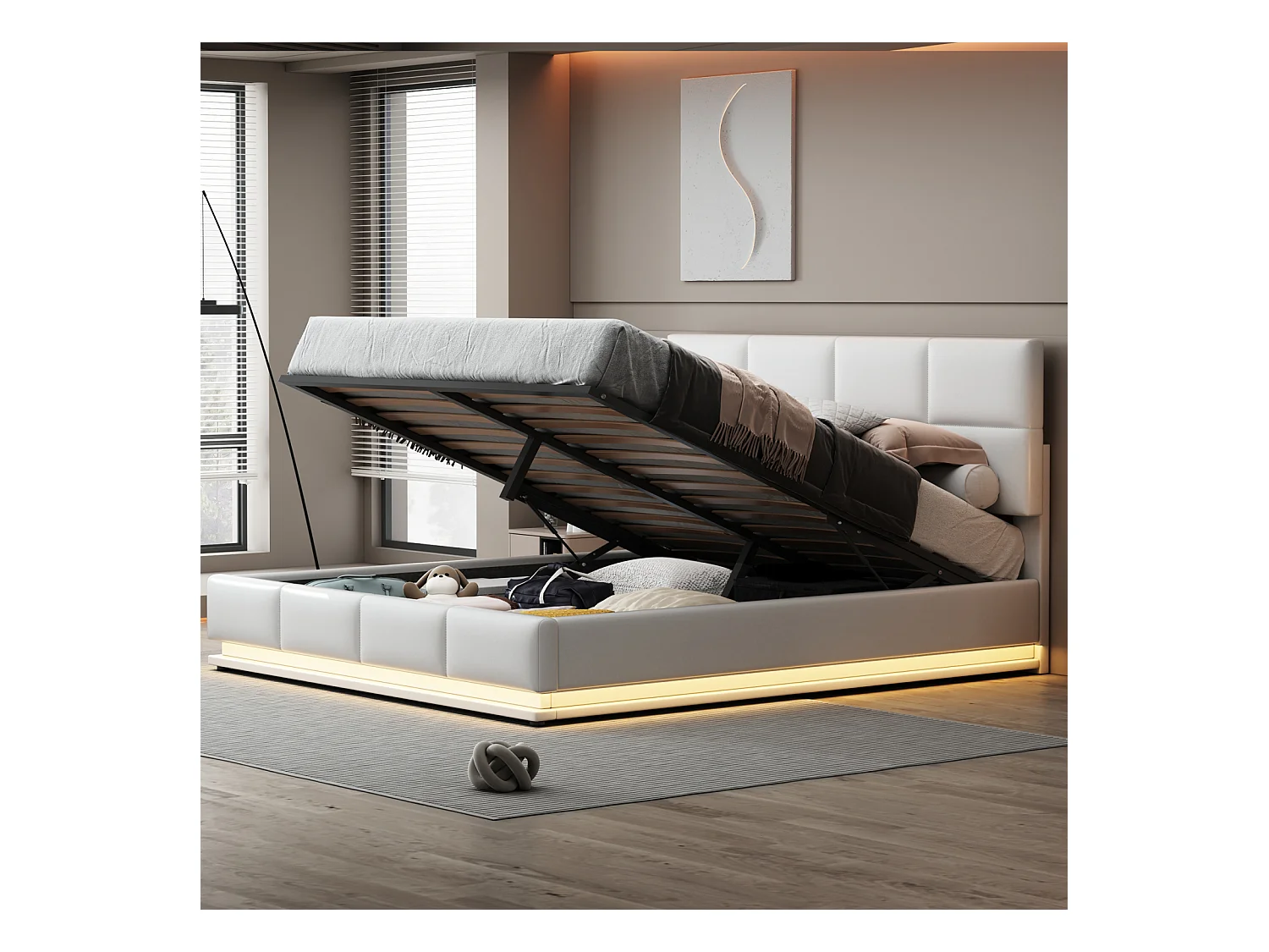 Lit coffre 180x200 cm - Lit doub LED capitonné relevable hydraulique avec sommier à lattes, tête de lit, simili cuir PU - Blanc