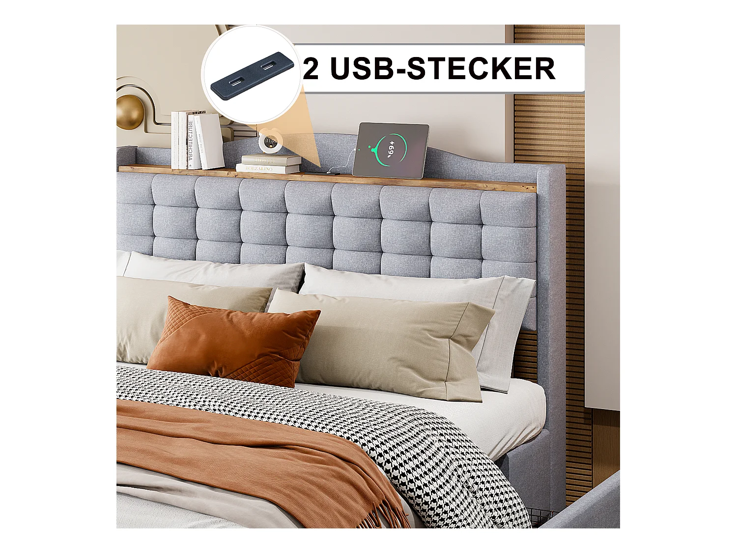 Cama tapizada de 140 x 200 cm, cama doble con puerto de carga USB y estante, espacio de almacenamiento con 4 cajones, en Lino Gris