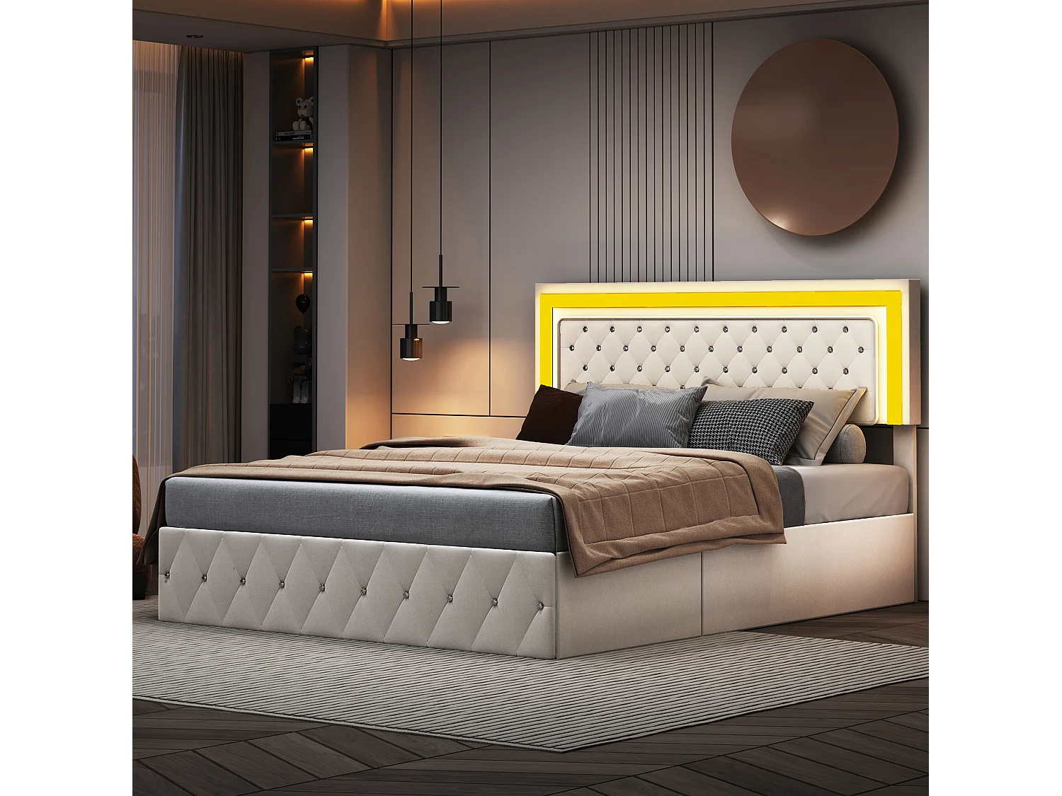 180x200 cm fluwelen opbergbed - met LED en lattenbodem - Tweepersoonsbed met opbergruimte - met in hoogte verstelbaar hoofdeinde - Beige