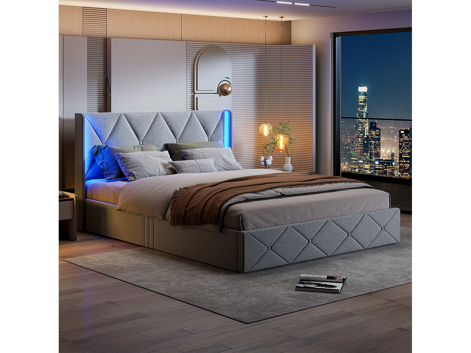 160x200 opbergbed met onderstel, gestoffeerd tweepersoonsbed, hoofdbord met verstelbare LED, ijsfluweel, grijs