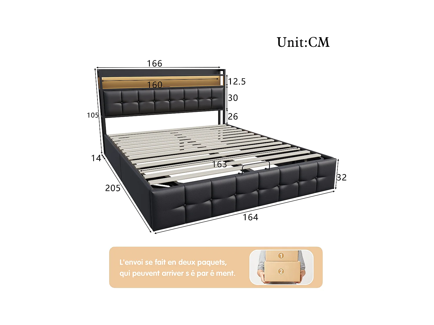 Cama con almacenaje tapizada 160x200cm en tejido PU - con LED y puerto de carga - con somier de láminas - Negro