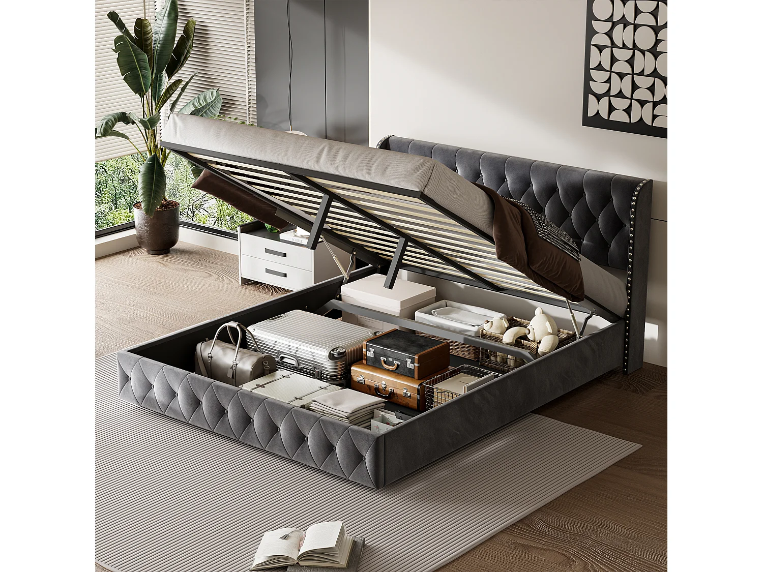 Cama con almacenaje tapizada en terciopelo - decorada con remaches - con somier de láminas - 180x200cm - Gris