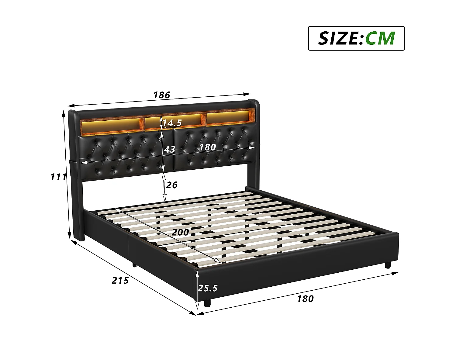 Stauraumbett 180x200cm - Doppelbett mit Lattenrost und LED-Kopfteil mit Ablagen und Ladeanschluss - schwarzes Leder
