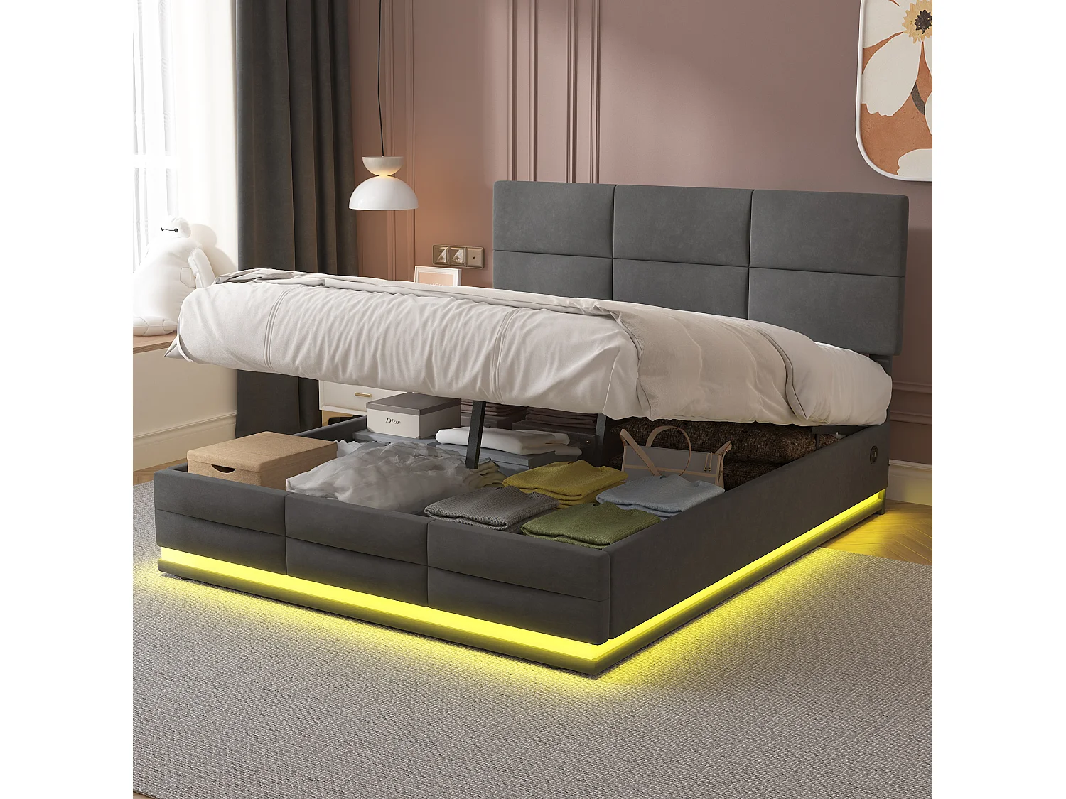 Letto matrimoniale contenitore imbottito idraulico 160 x 200 cm in velluto delicato sulla pelle con luci LED e caricabatterie USB, grigio