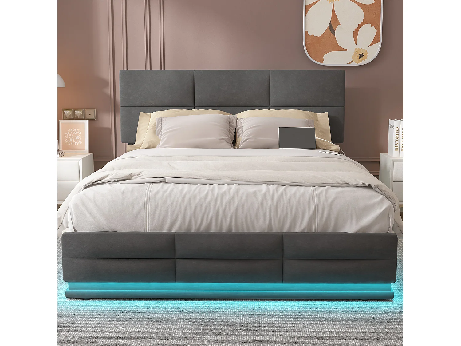 Letto matrimoniale contenitore imbottito idraulico 160 x 200 cm in velluto delicato sulla pelle con luci LED e caricabatterie USB, grigio